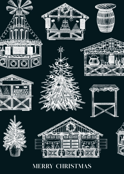 Christmas market frame design on chalkboard. Traditional European Christmas market with souvenir stalls, Christmas tree, candy shops sketches. Winter holidays invitation or greeting card template.